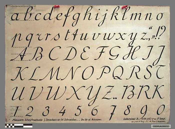 Nieuwere Schrijfmethode - Letterplaat B. Alfabet in kleine en hoofdletters, cijfers.