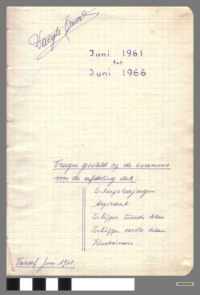 Schrift met vragen gesteld op de examens voor de afdeling dek