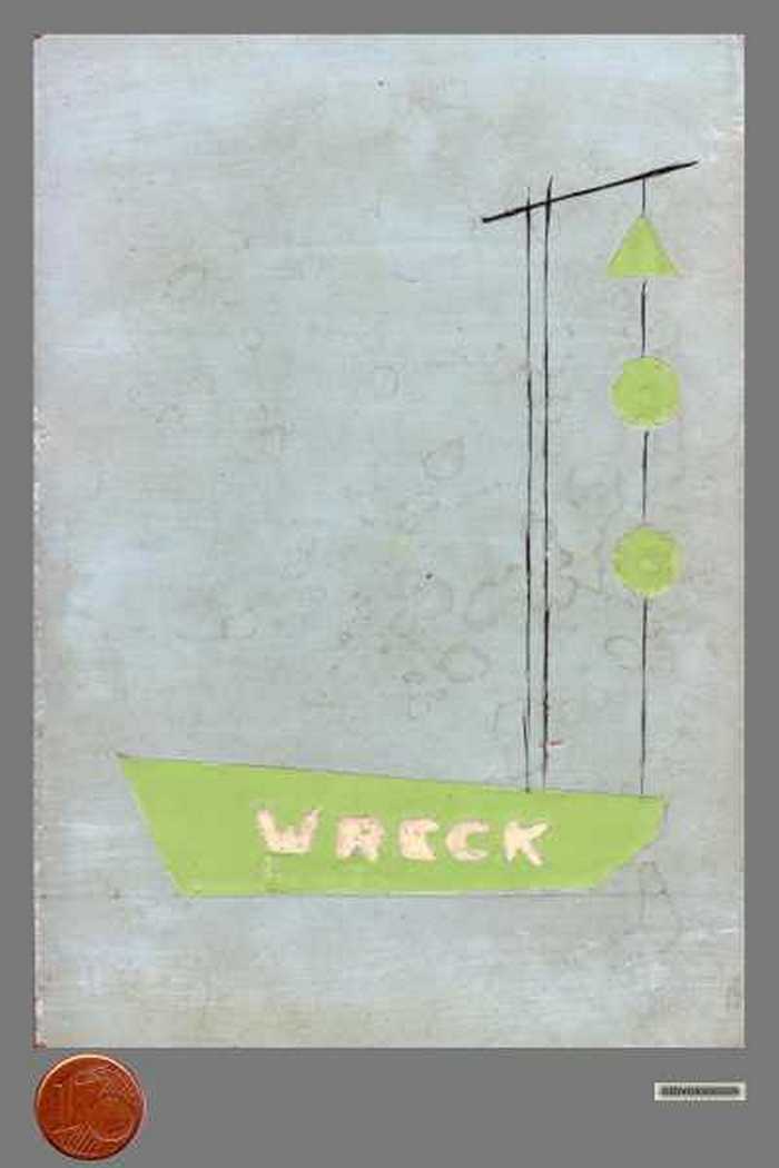 Plaatje met wrakscheepje, lateraal stelsel, die gebruikt werd onder de Nederlandse-, Duitse kust en Groot-Brittannië.