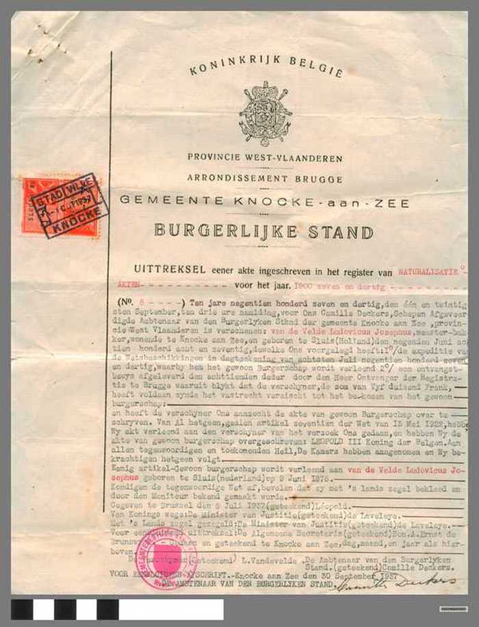 UITTREKSEL eener akte ingeschreven in het register van NATURALISATIEAKTEN - VAN DE VELDE Ludovicus - DOCFAGA00003 UITTREKSEL eener akte ingeschreven in het register van NATURALISATIEAKTEN - VAN DE VELDE Ludovicus