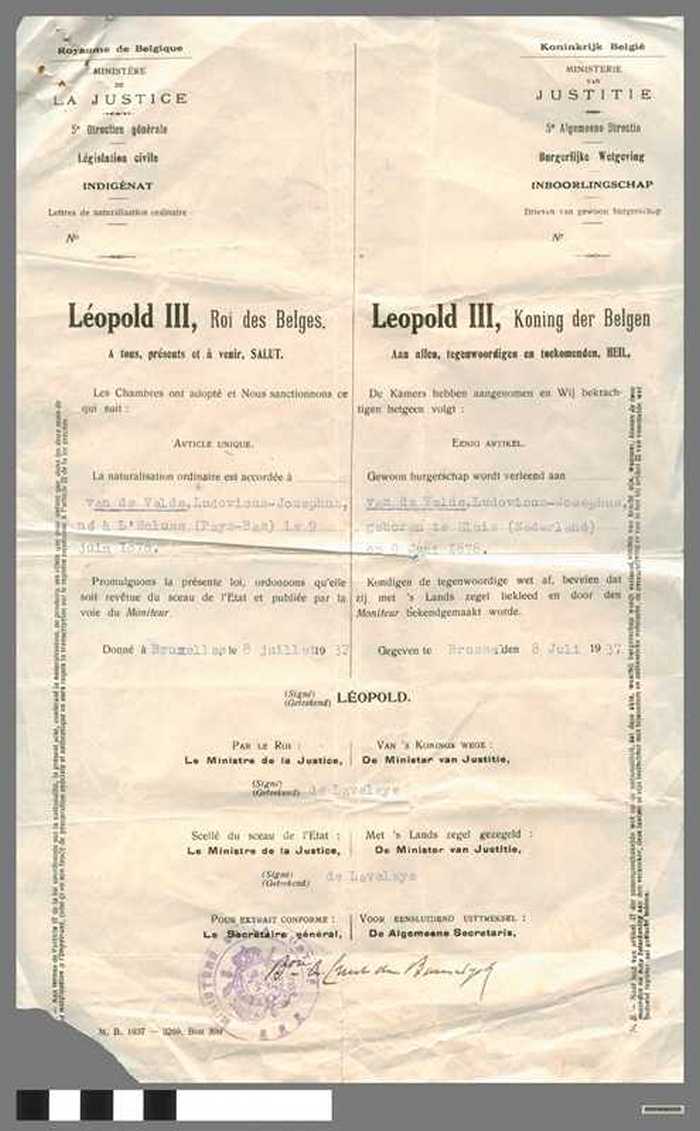 Koninkrijk België - Ministerie van Justitie - INBOORLINGSCHAP - VAN DE VELDE Ludovicus - DOCFAGA00005 Koninkrijk België - Ministerie van Justitie - INBOORLINGSCHAP - VAN DE VELDE Ludovicus