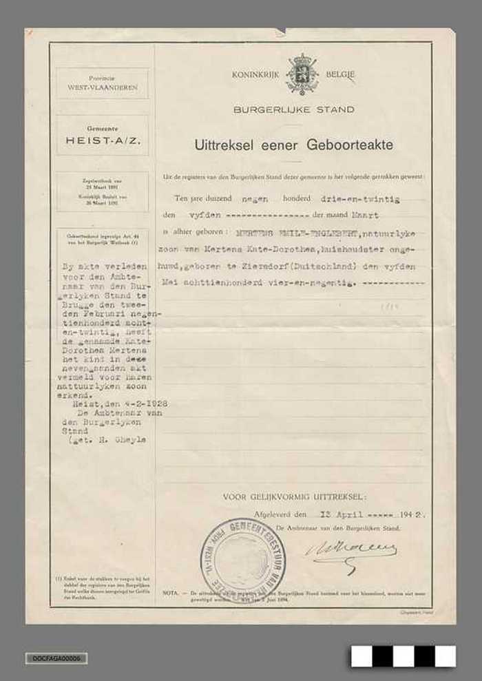 Gemeente Heist-A/Z - Uittreksel eener Geboorteakte - MERTENS Emile - DOCFAGA00006 Gemeente Heist-A/Z - Uittreksel eener Geboorteakte - MERTENS Emile