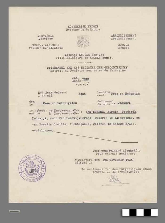 Uittreksel van het register der geboorteakten - VAN STEENE Firmin - DOCFAGA00007 Uittreksel van het register der geboorteakten - VAN STEENE Firmin