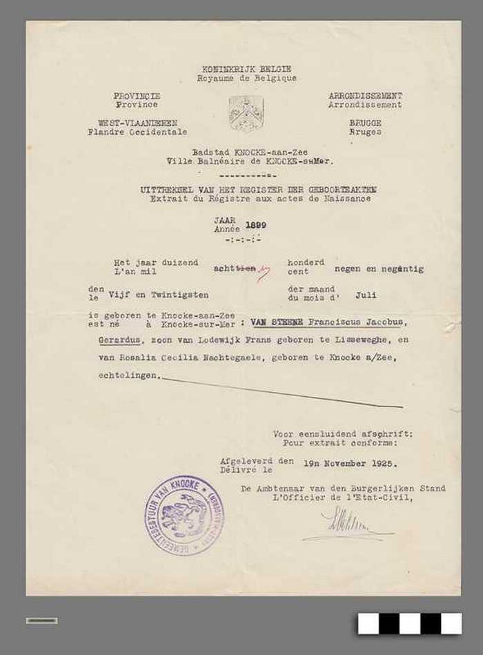 Uittreksel van het register der geboorteakten - VAN STEENE Frannnciscus - DOCFAGA00008 Uittreksel van het register der geboorteakten - VAN STEENE Frannnciscus