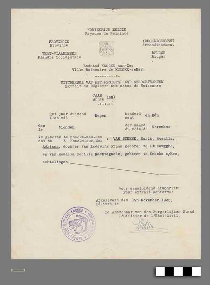 Uittreksel van het register der geboorteakten - VAN STEENE Maria - DOCFAGA00009 Uittreksel van het register der geboorteakten - VAN STEENE Maria