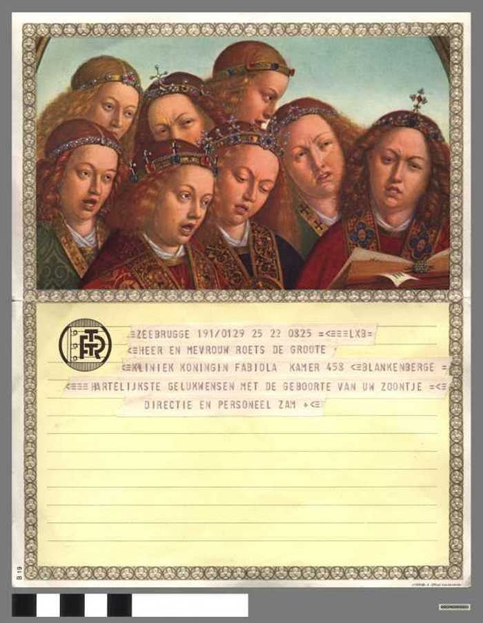 Telegram vanuit ZEEBRUGGE voor DE HEER EN MEVR ROETS DE GROOTE - HARTELIJKE GELUKWENSEN MET DE GEBOORTE VAN UW ZOONTJE - DOCFAGW00001 Telegram vanuit ZEEBRUGGE voor DE HEER EN MEVR ROETS DE GROOTE - HARTELIJKE GELUKWENSEN MET DE GEBOORTE VAN UW ZOONTJE