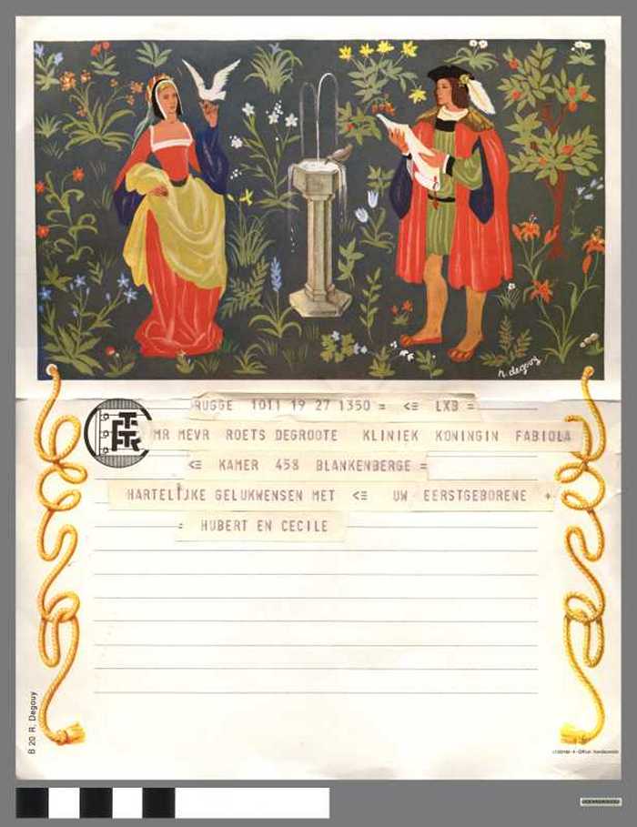 Telegram vanuit BRUGGE voor MR EN MEVR ROETS DEGROOTE - KLINIEK FABIOLA - HARTELIJKE GELUKWENSEN MET UW EERSTGEBORENE - DOCFAGW00002 Telegram vanuit BRUGGE voor MR EN MEVR ROETS DEGROOTE - KLINIEK FABIOLA - HARTELIJKE GELUKWENSEN MET UW EERSTGEBORENE