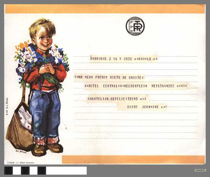 Telegram vanuit BRUGGE voor MR MEVR FREDDY ROETS DE GROOTE - HARTELIJK GEFELICITEERD - DOCFAGW40001 Telegram vanuit BRUGGE voor MR MEVR FREDDY ROETS DE GROOTE - HARTELIJK GEFELICITEERD