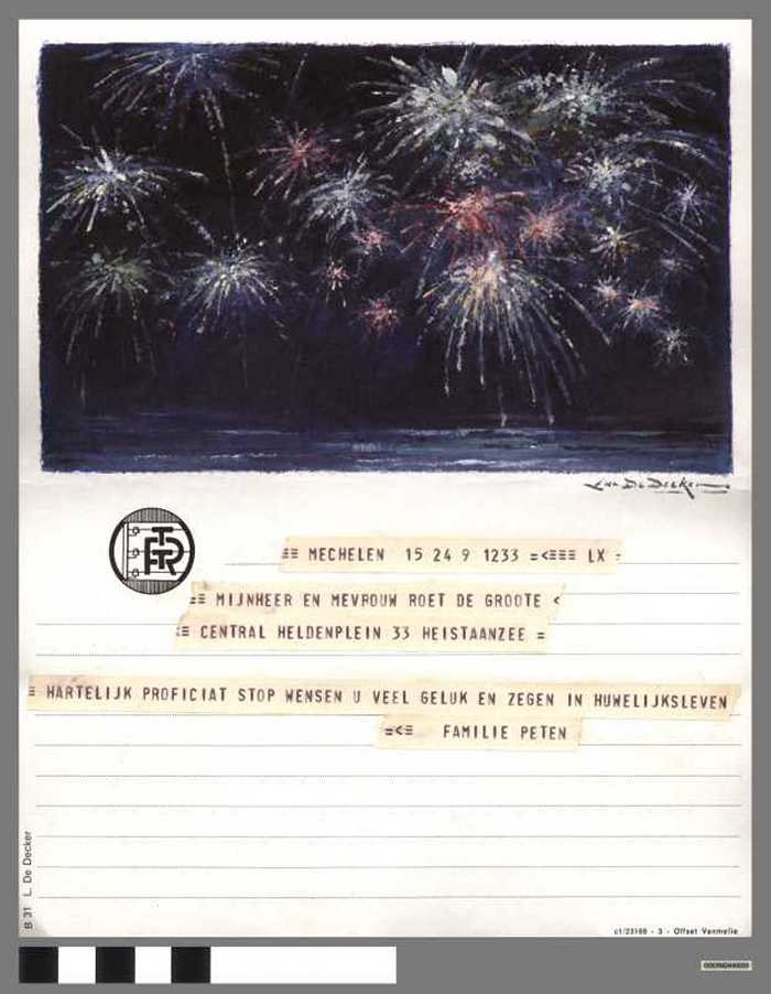 Telegram vanuit MECHELEN voor MIJHEER EN MEVROUW ROET DE GROOTE - HARTELIJK PROFICIAT STOP WENSEN U VEEL GELUK EN ZEGEN IN HUWELIJKSLEVEN - DOCFAGW40020 Telegram vanuit MECHELEN voor MIJHEER EN MEVROUW ROET DE GROOTE - HARTELIJK PROFICIAT STOP WENSEN U VEEL GELUK EN ZEGEN IN HUWELIJKSLEVEN