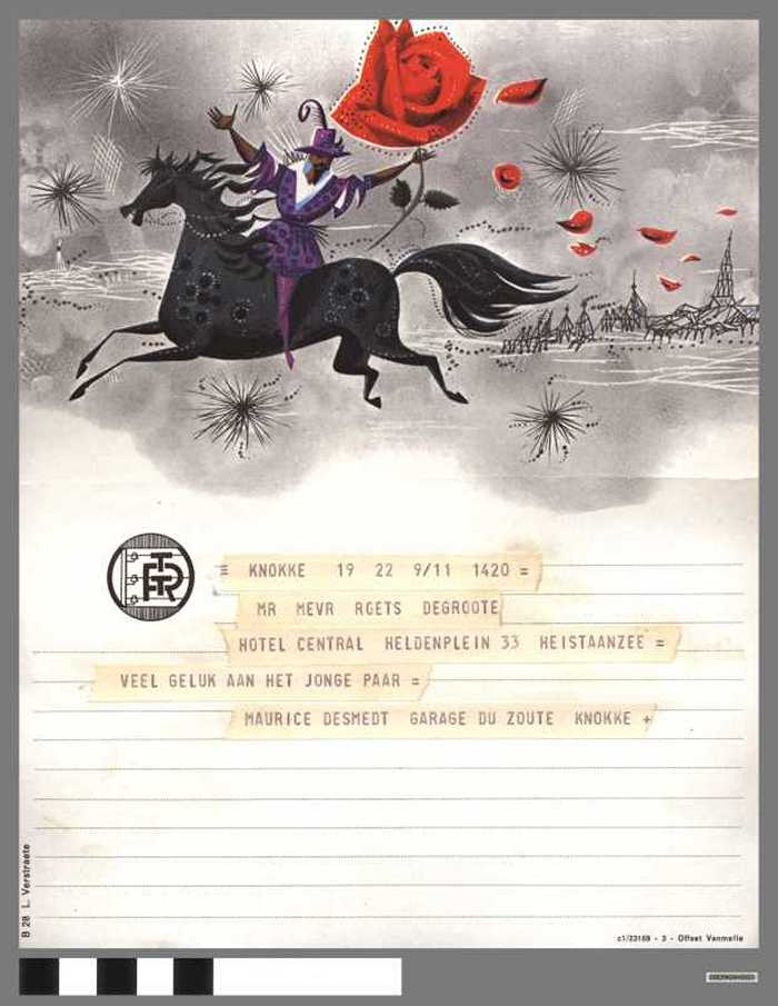 Telegram vanuit KNOKKE voor MR MEVR ROETS DEGROOTE - VEEL GELUK AAN HET JONGE PAAR - DOCFAGW40023 Telegram vanuit KNOKKE voor MR MEVR ROETS DEGROOTE - VEEL GELUK AAN HET JONGE PAAR