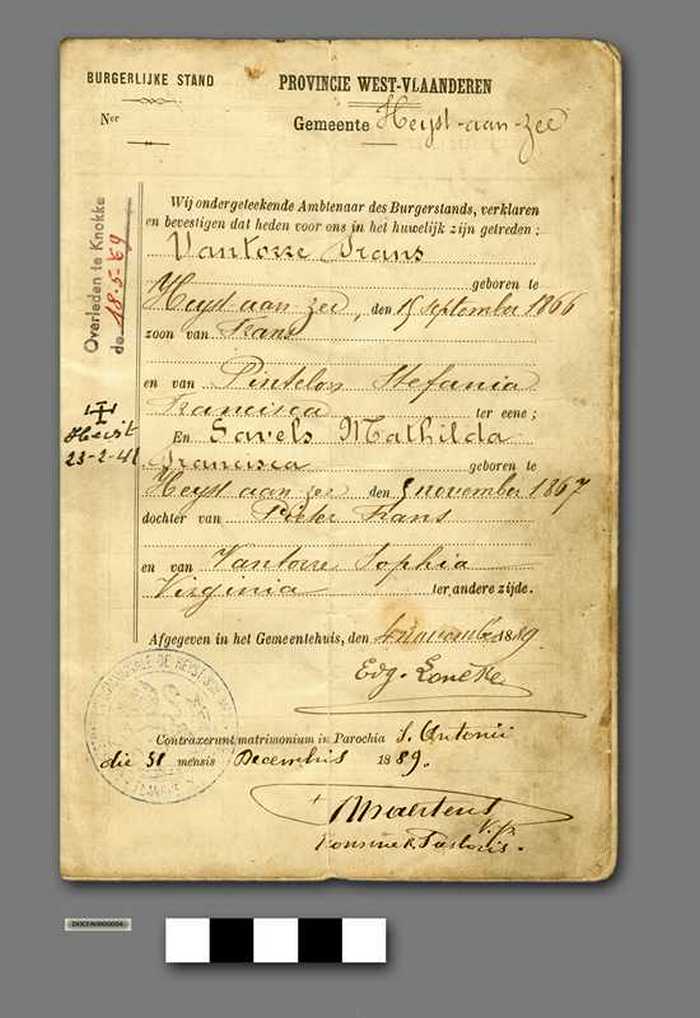 Huwelijksboekje van Frans Vantorre en Mathilda Savels - Gemeente Heyst aan Zee - DOCFAHB00004 Huwelijksboekje van Frans Vantorre en Mathilda Savels - Gemeente Heyst aan Zee
