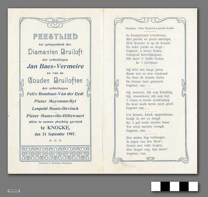 Feestlied ter gelegenheid der diamanten bruiloft Jan Baes - Vermeire en van de gouden bruiloft Felix Rombout - Van der Eedt, ... - DOCFAHK00042 Feestlied ter gelegenheid der diamanten bruiloft Jan Baes - Vermeire en van de gouden bruiloft Felix Rombout - Van der Eedt, ...