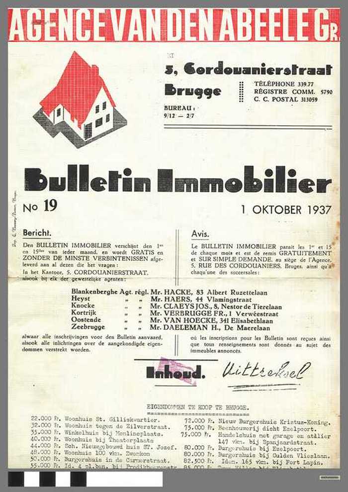 Bulletin Immobilier - Agence Vandenabeele Gr. - N° 19 - 1 oktober 1937 - DOCFLXX00591 Bulletin Immobilier - Agence Vandenabeele Gr. - N° 19 - 1 oktober 1937
