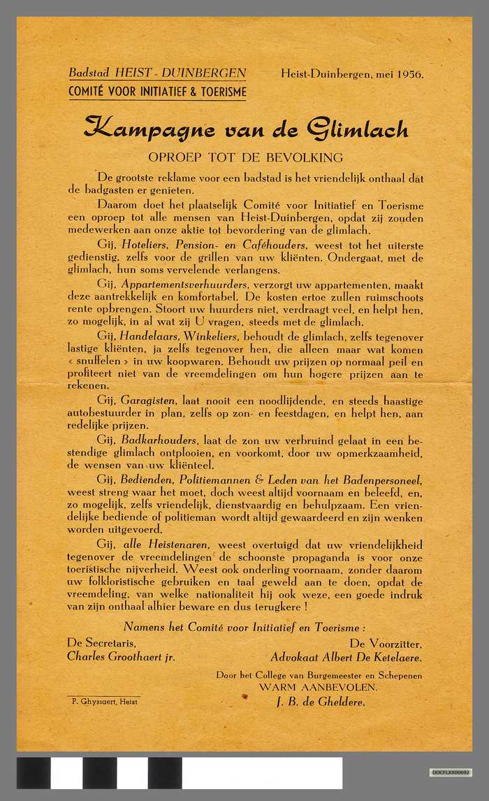 Blaadje: Kampagne van de Glimlach - oproep tot de bevolking - mei 1956 - DOCFLXX00692 Blaadje: Kampagne van de Glimlach - oproep tot de bevolking - mei 1956
