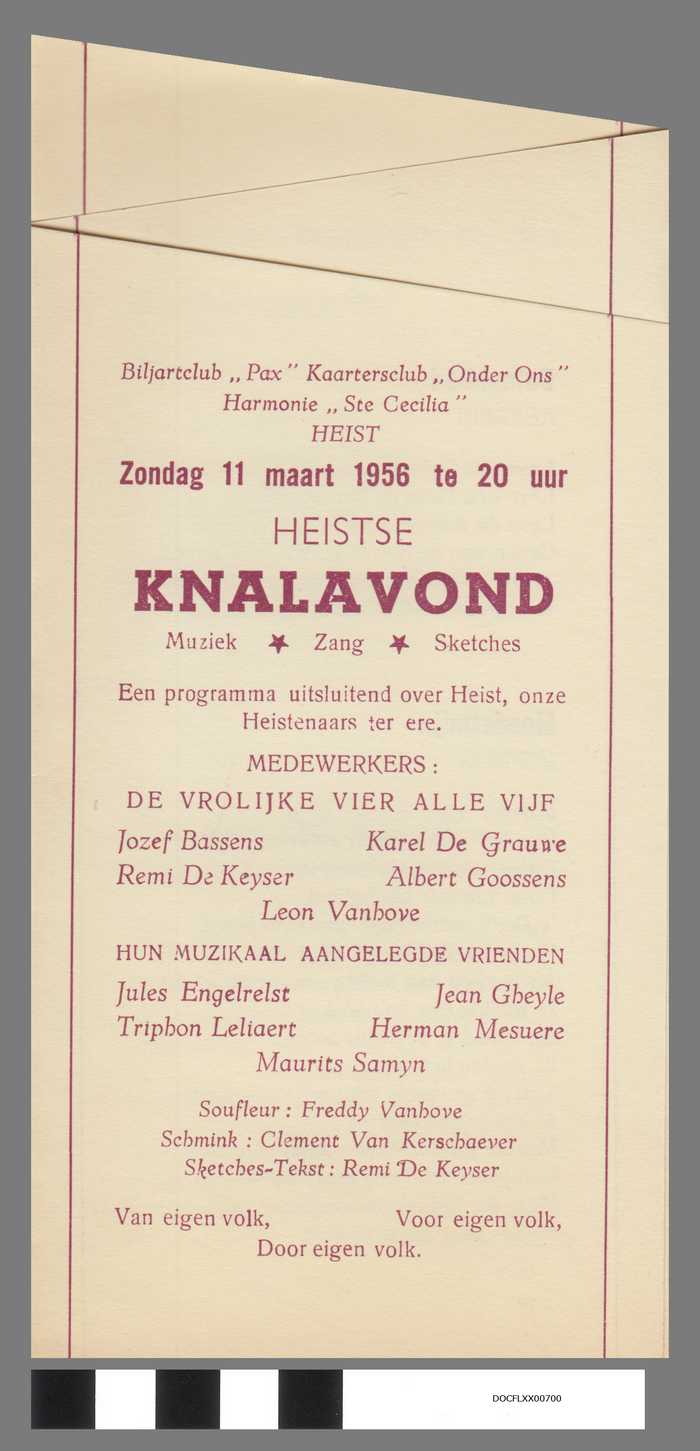 Folder: Heistse Knalavond - zondag 11 maart 1956 - De Vrolijke vier alle vijf - DOCFLXX00700 Folder: Heistse Knalavond - zondag 11 maart 1956 - De Vrolijke vier alle vijf