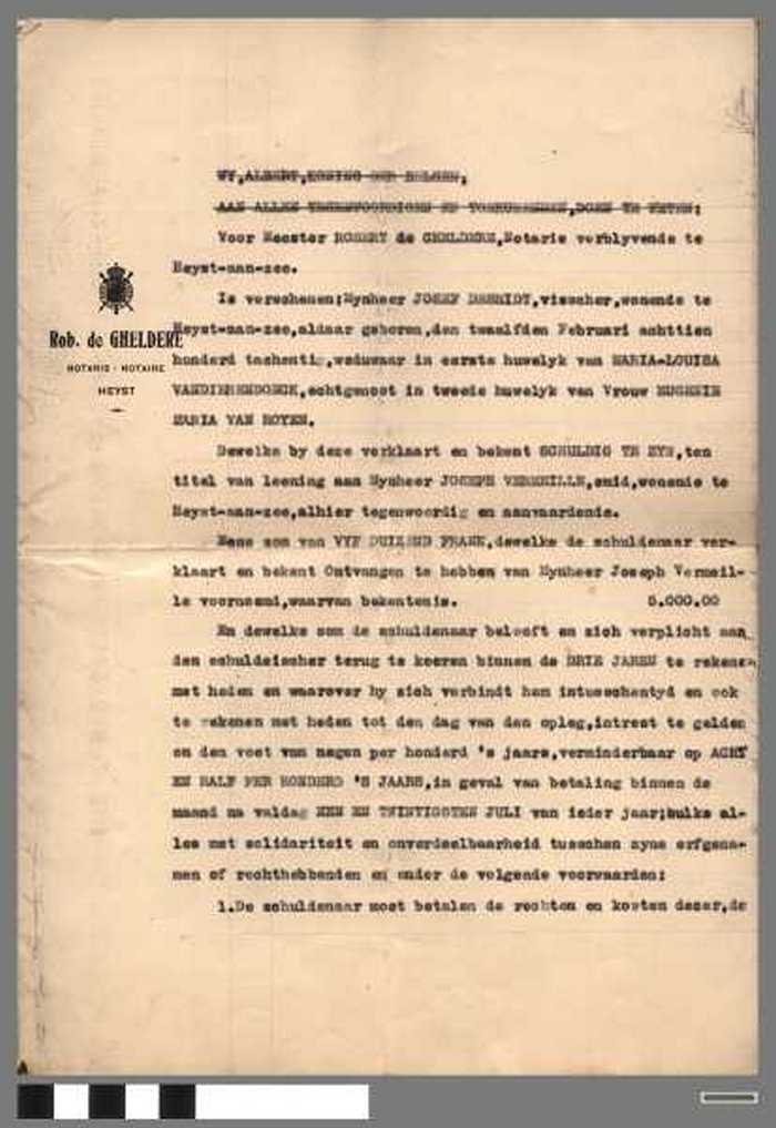 Notariële akte van lening van 5.000 frank van Joseph Vermeille aan Josef Desmidt, visscher. - DOCIDXX00096 Notariële akte van lening van 5.000 frank van Joseph Vermeille aan Josef Desmidt, visscher.