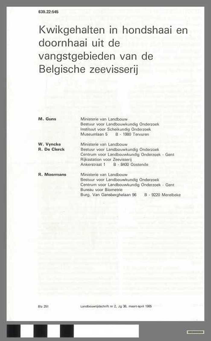 Kwikgehalten in hondshaai en doornhaai uit de vangstgebieden van de Belgische zeevisserij - DOCIDXX00528 Kwikgehalten in hondshaai en doornhaai uit de vangstgebieden van de Belgische zeevisserij
