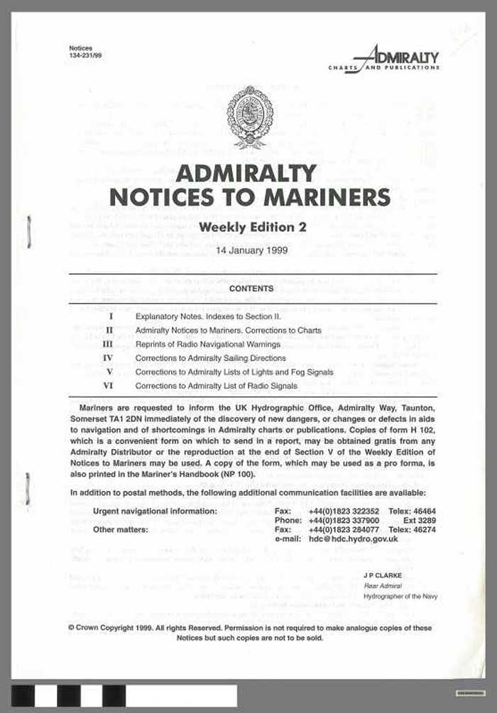 Admiralty Notices to Mariners - Weekly Edition 2 - 1999