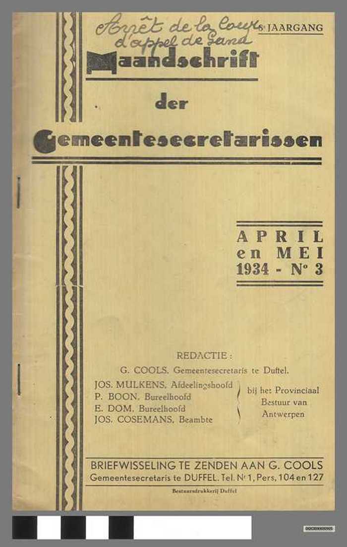 Maandschrift der Gemeentesecretarissen - April-Mei 1934 - N°3 - DOCIDXX00905 Maandschrift der Gemeentesecretarissen - April-Mei 1934 - N°3