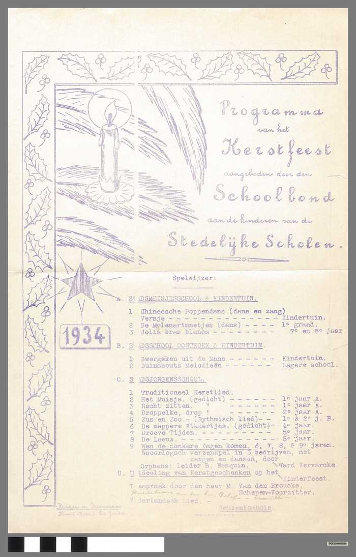 Programma van het Kerstfeest aangeboden door de Schoolbond aan de kinderen van de Stedelijke Scholen van Knokke - 1934 - DOCIDXX01266 Programma van het Kerstfeest aangeboden door de Schoolbond aan de kinderen van de Stedelijke Scholen van Knokke - 1934