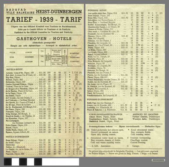 Blaadje: Tarief 1939 - Badstad Heist-Duinbergen - DOCKDXX00008 Blaadje: Tarief 1939 - Badstad Heist-Duinbergen