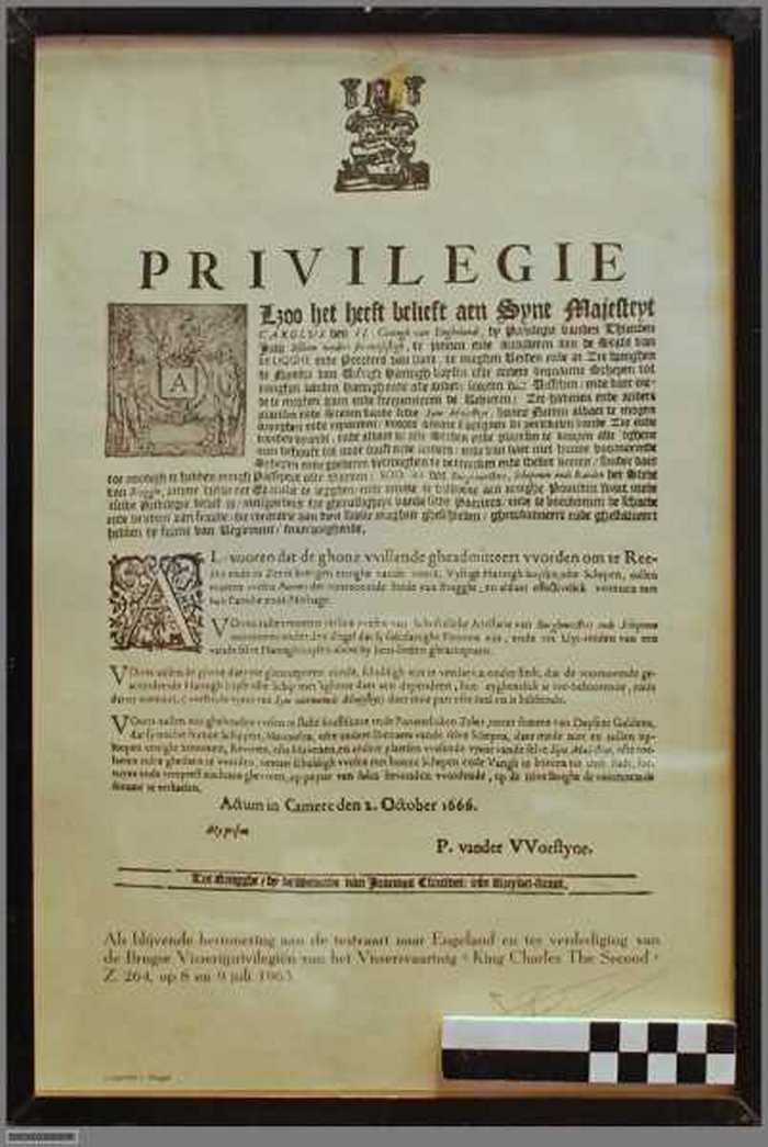Brugse Visserijprivilegiën. Privilegie Karel II van Engeland aan de stad van Brugge van 10 juli 1666. - DOCKDXX00009 Brugse Visserijprivilegiën. Privilegie Karel II van Engeland aan de stad van Brugge van 10 juli 1666.