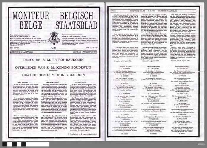 Overlijdensbericht van koning Boudewijn in het staatsblad - DOCKDXX00030 Overlijdensbericht van koning Boudewijn in het staatsblad