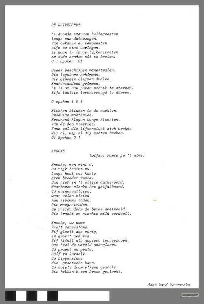 Gedichten: De Duivelsput en Knocke door Ward Vervarcke. - DOCKDXX00037 Gedichten: De Duivelsput en Knocke door Ward Vervarcke.