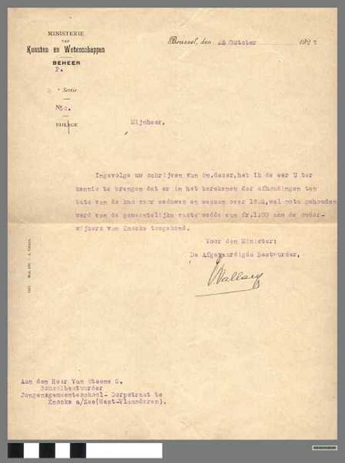 Brief van de Minister van Kunsten en Wetenschappen aan de Schoolbestuurder van de Jongensschool Knocke a/Zee i.v.m. wedde leerkrachten - DOCKDXX00045 Brief van de Minister van Kunsten en Wetenschappen aan de Schoolbestuurder van de Jongensschool Knocke a/Zee i.v.m. wedde leerkrachten