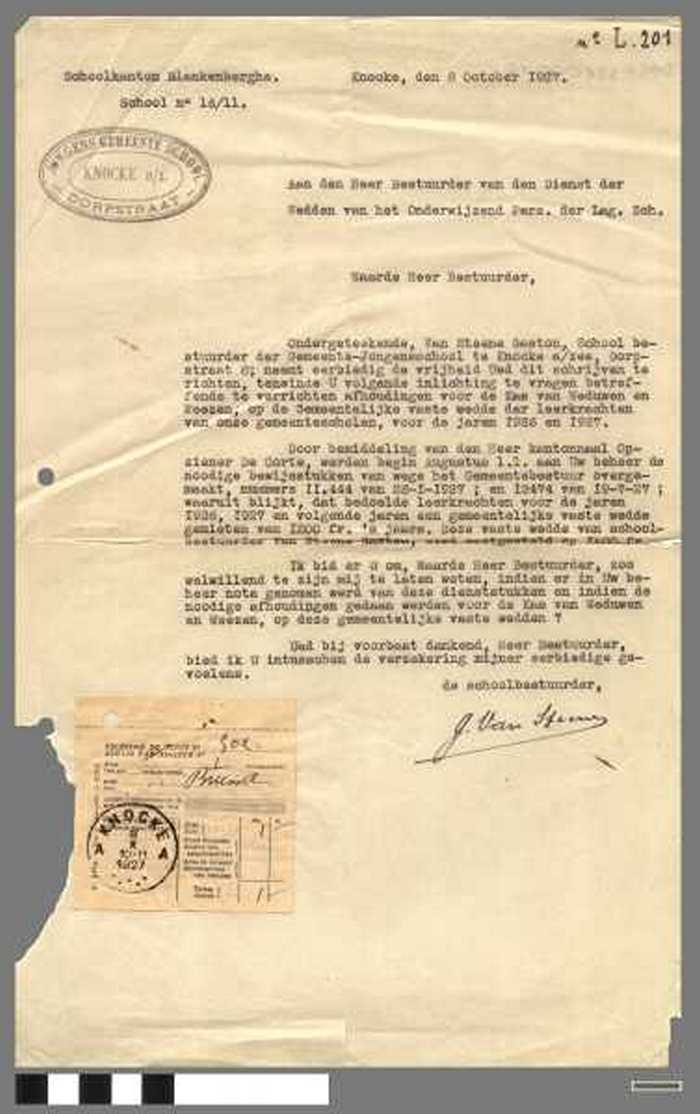 Brief voor de Bestuurder van de Dienst der Wedden van het Onderwijzend Personeel van de Schoolbestuurder der Jongensschool Knocke i.v.m. wedde leerkra - DOCKDXX00046 Brief voor de Bestuurder van de Dienst der Wedden van het Onderwijzend Personeel van de Schoolbestuurder der Jongensschool Knocke i.v.m. wedde leerkra
