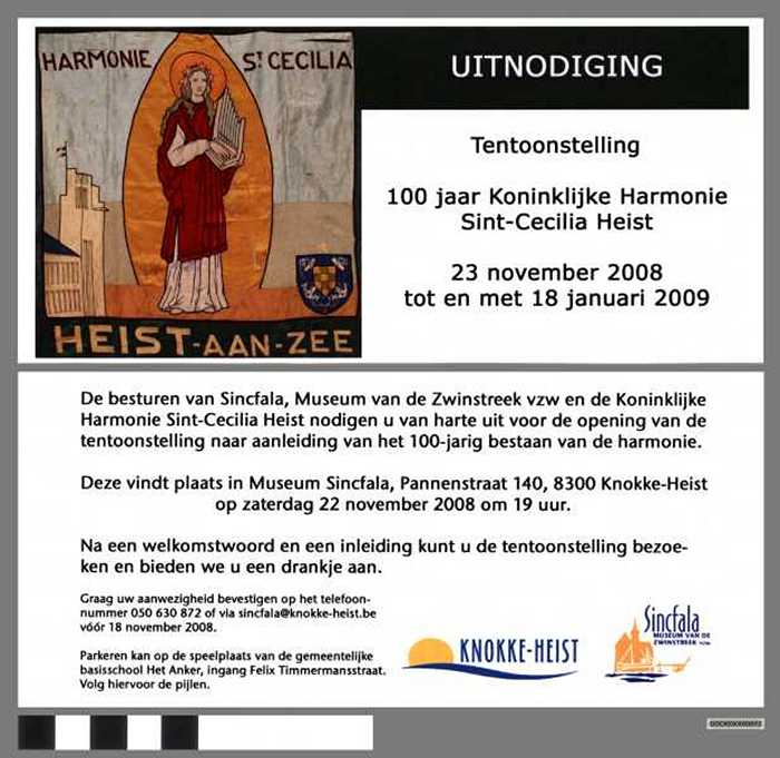 Uitnodiging tentoonstelling 100 jaar Koninklijke Harmonie Sint-Cecilia Heist. - DOCKDXX00072 Uitnodiging tentoonstelling 100 jaar Koninklijke Harmonie Sint-Cecilia Heist.