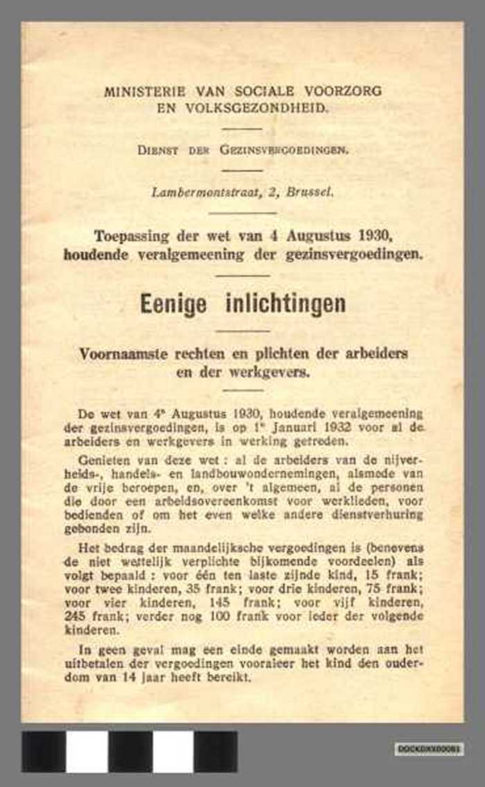 Boekje: Veralgemeening der gezinsvergoedingen. Eenige inlichtingen. - DOCKDXX00081 Boekje: Veralgemeening der gezinsvergoedingen. Eenige inlichtingen.