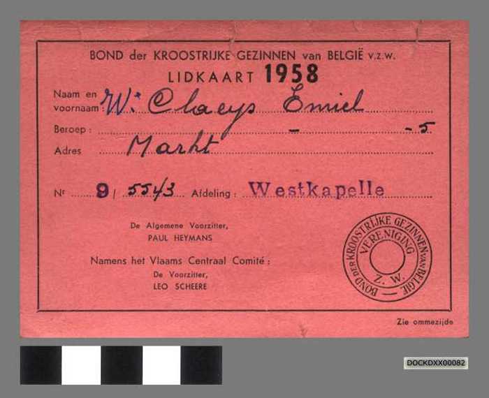 Bond der Kroostrijke gezinnen van België v.z.w. Lidkaart van Claeys Emiel - DOCKDXX00082 Bond der Kroostrijke gezinnen van België v.z.w. Lidkaart van Claeys Emiel