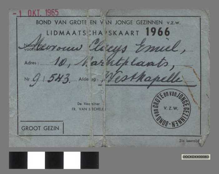 Bond der Kroostrijke gezinnen van België v.z.w. Lidkaart van Claeys Emiel - DOCKDXX00083 Bond der Kroostrijke gezinnen van België v.z.w. Lidkaart van Claeys Emiel