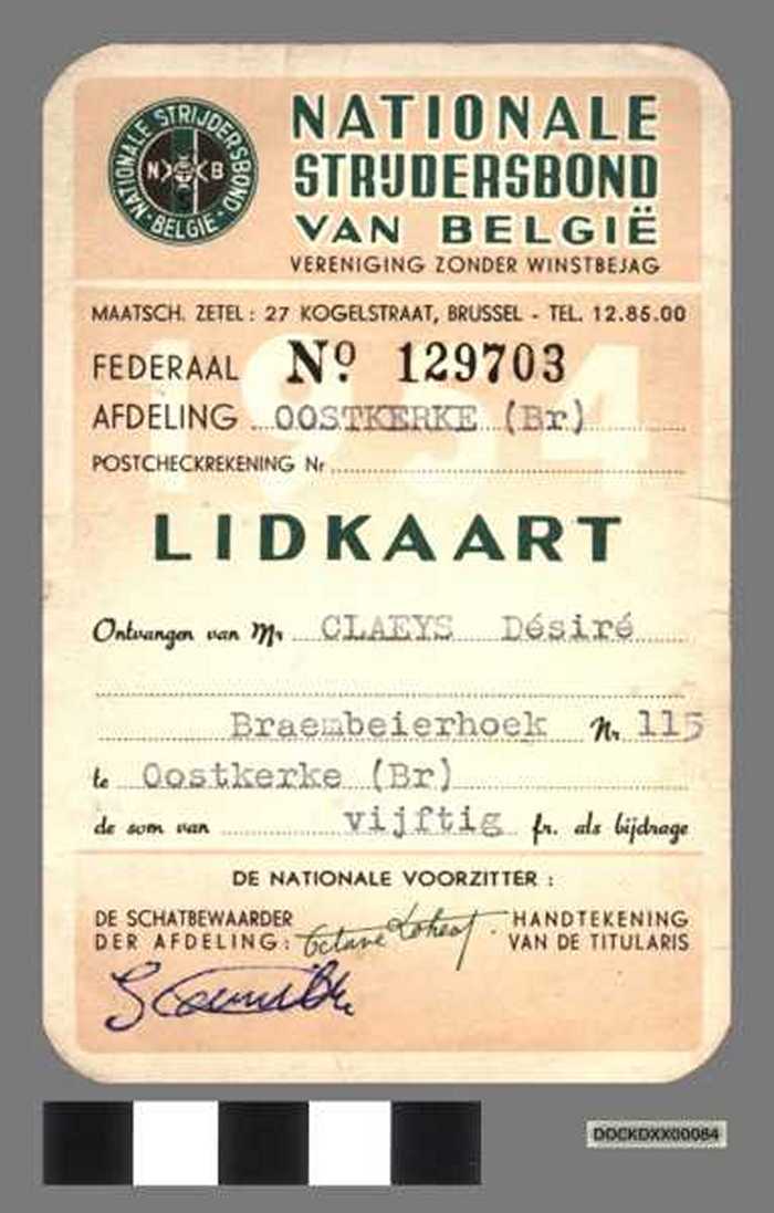 Nationale strijdersbond van België. Lidkaart van Claeys Désiré - DOCKDXX00084 Nationale strijdersbond van België. Lidkaart van Claeys Désiré