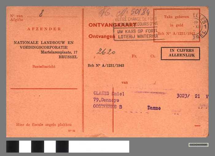 Ontvangkaart van bijdrage Landbouwer en Tuinbouwer van Claeys Emiel - DOCKDXX00085 Ontvangkaart van bijdrage Landbouwer en Tuinbouwer van Claeys Emiel