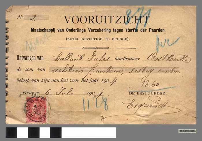 Ontvangstbewijs bijdrage verzekering `Vooruitzicht van Jules Callant - DOCKDXX00086 Ontvangstbewijs bijdrage verzekering `Vooruitzicht van Jules Callant