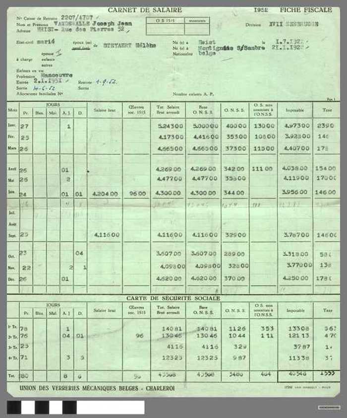 Carnet de salaire - 1952 - Fiche Fiscale - Vandewalle Joseph - DOCKDXX00100 Carnet de salaire - 1952 - Fiche Fiscale - Vandewalle Joseph