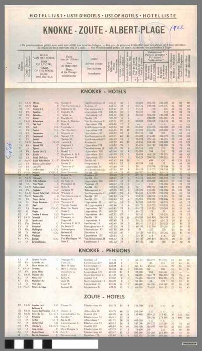 Liste d Hôtels - Hotelllijst - List of Hotels - Hotelliste - Knokke-Zoute-Albert-Plage. - DOCKDXX00109 Liste d Hôtels - Hotelllijst - List of Hotels - Hotelliste - Knokke-Zoute-Albert-Plage.