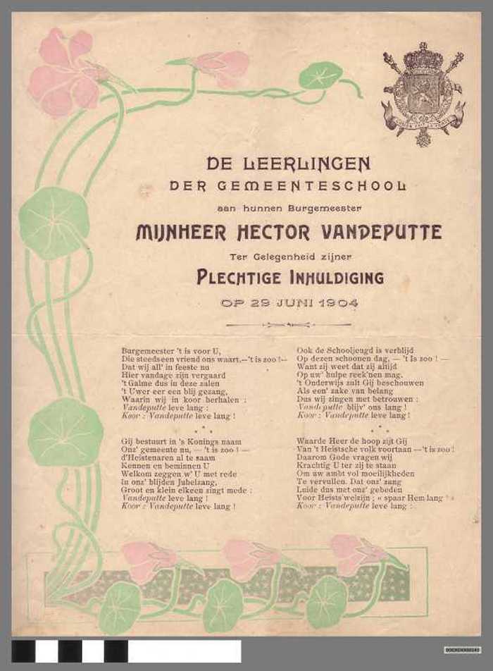 De leerlingen der gemeenteschool aan hunnen Burgemeester mijnheer Hector Vandeputte Ter gelegenheid zijner Plechtige inhuldiging op 29 juni 1904 - DOCKDXX00143 De leerlingen der gemeenteschool aan hunnen Burgemeester mijnheer Hector Vandeputte Ter gelegenheid zijner Plechtige inhuldiging op 29 juni 1904