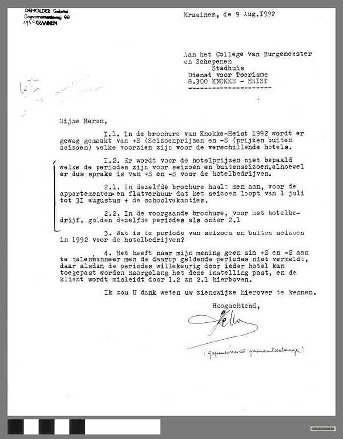 Brief Demolder Gabriel aan college van burgemeester en schepenen Knokke-Heist - DOCKDXX00159 Brief Demolder Gabriel aan college van burgemeester en schepenen Knokke-Heist