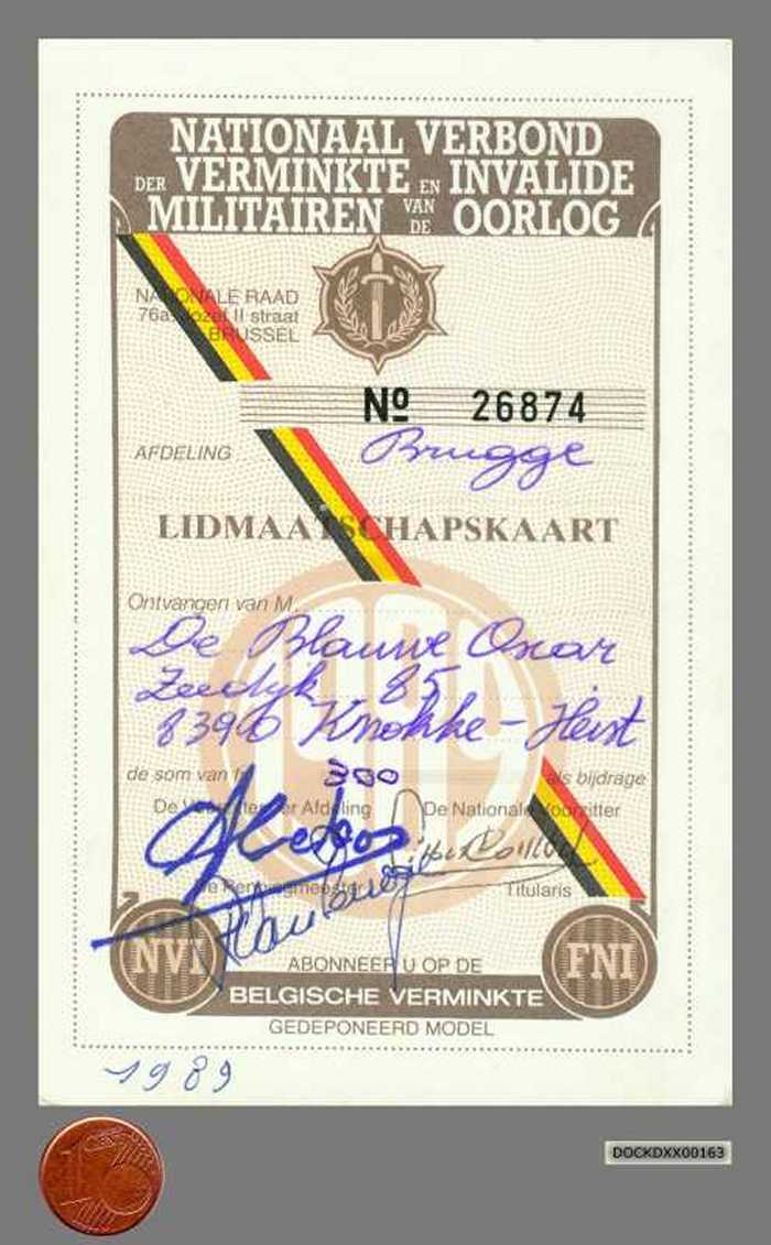 Lidmaatschapskaart: verminkte en invalide militairen van de oorlog. - DOCKDXX00163 Lidmaatschapskaart: verminkte en invalide militairen van de oorlog.