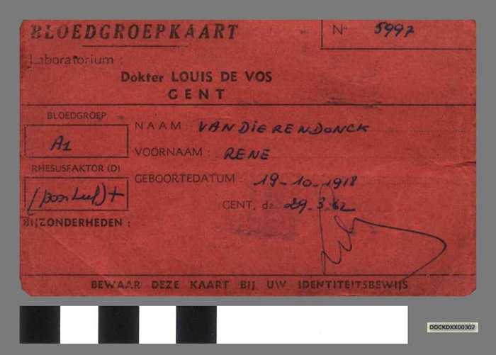 Bloedgroepkaart - Vandierendonck Rene - DOCKDXX00302 Bloedgroepkaart - Vandierendonck Rene