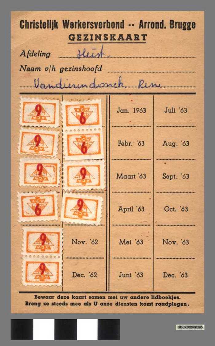 Christelijk Werkersverbond. Gezinskaart - VANDIERENDONCK René - DOCKDXX00305 Christelijk Werkersverbond. Gezinskaart - VANDIERENDONCK René