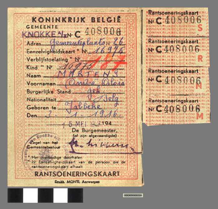 Rantsoeneringkaart N° 408006 - MARTENS André - DOCKDXX00324 Rantsoeneringkaart N° 408006 - MARTENS André