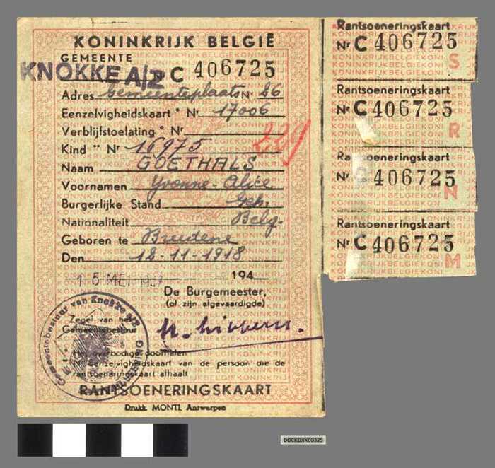 Rantsoeneringkaart N° 406725 - GOETHALS Yvonne - DOCKDXX00325 Rantsoeneringkaart N° 406725 - GOETHALS Yvonne