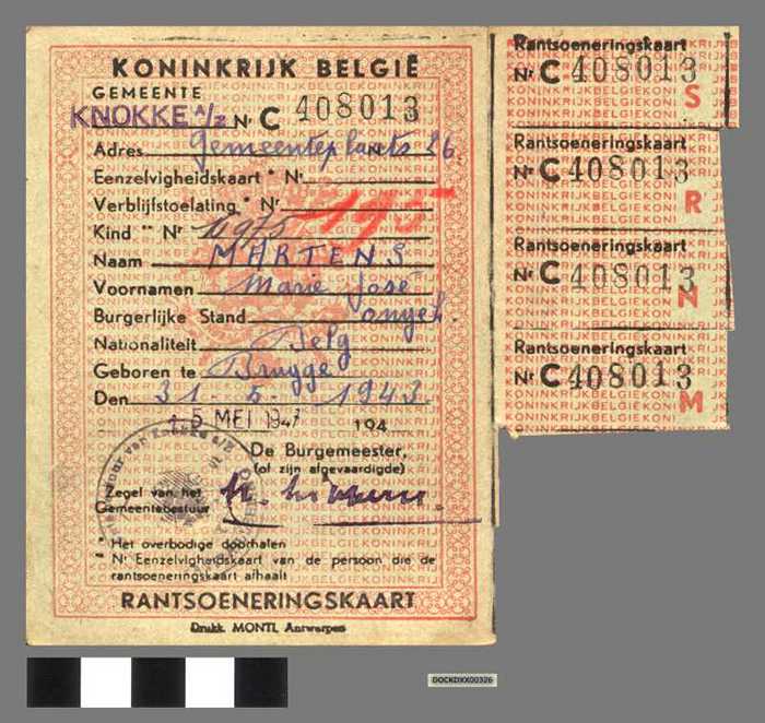 Rantsoeneringkaart N° 408013 - MARTENS Marie José - DOCKDXX00326 Rantsoeneringkaart N° 408013 - MARTENS Marie José