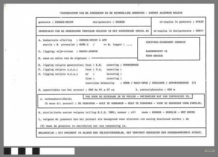 Inlichtingenblad inventaris van onbebouwde percelen in woongebied