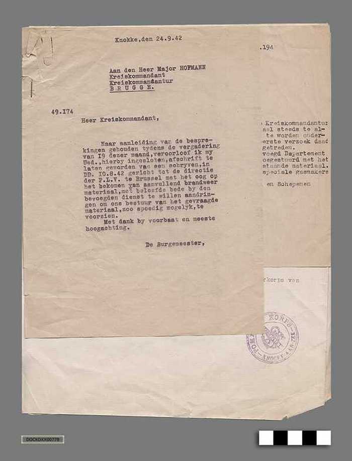 Oorlogscorrespondentie anno 1942 - Staat en eventuele tekorten van het gepaste brandweermateriaal - DOCKDXX00778 Oorlogscorrespondentie anno 1942 - Staat en eventuele tekorten van het gepaste brandweermateriaal