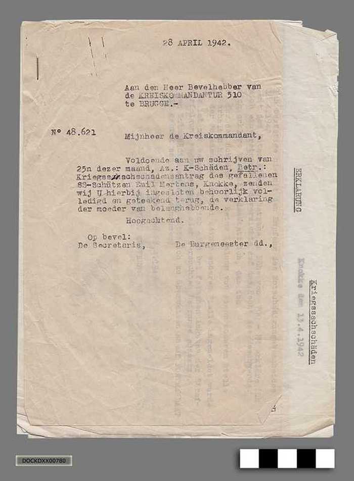 Oorlogscorrespondentie anno 1942 - Goedkeuring uitbetaling oorlogsschade aan de moeder en erfgenaam van Emiel Mertens - DOCKDXX00780 Oorlogscorrespondentie anno 1942 - Goedkeuring uitbetaling oorlogsschade aan de moeder en erfgenaam van Emiel Mertens